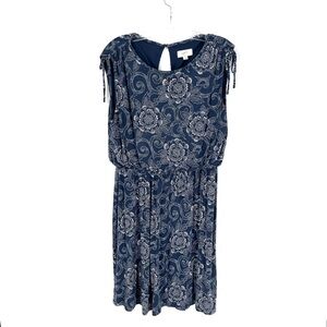 Loft Blue Floral Cinched Waist Jersey Knit Stretch Shoulder Tie Dress Size M